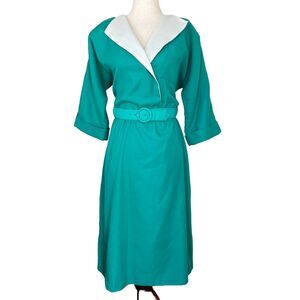Vintage 1980s Does 50s Green Midi Dress – Preppy Old Money Style – Pockets L/XL
